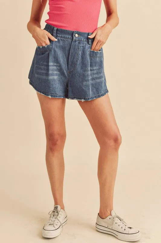 Aemi   Co Frayed Hem Elastic Waist Denim Shorts