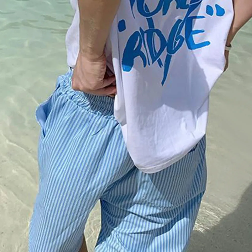 Aidase Mens Casual Blue Striped Drawstring Shorts 2024 New Genderless Fashion Comfortable Simple Versatile Resort Beach Shorts Unisex
