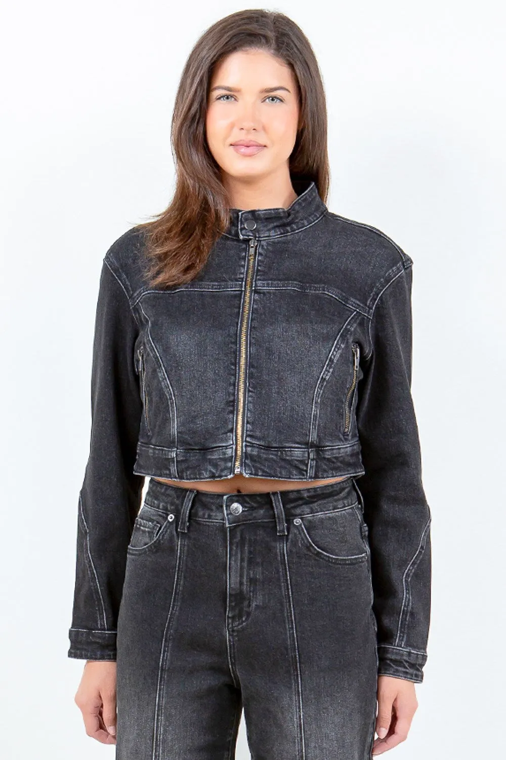American Bazi Plus Size Zip-Up Cropped Denim Jacket