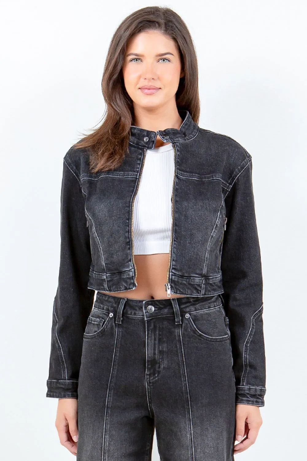 American Bazi Plus Size Zip-Up Cropped Denim Jacket
