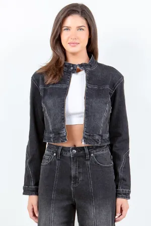 American Bazi Plus Size Zip-Up Cropped Denim Jacket