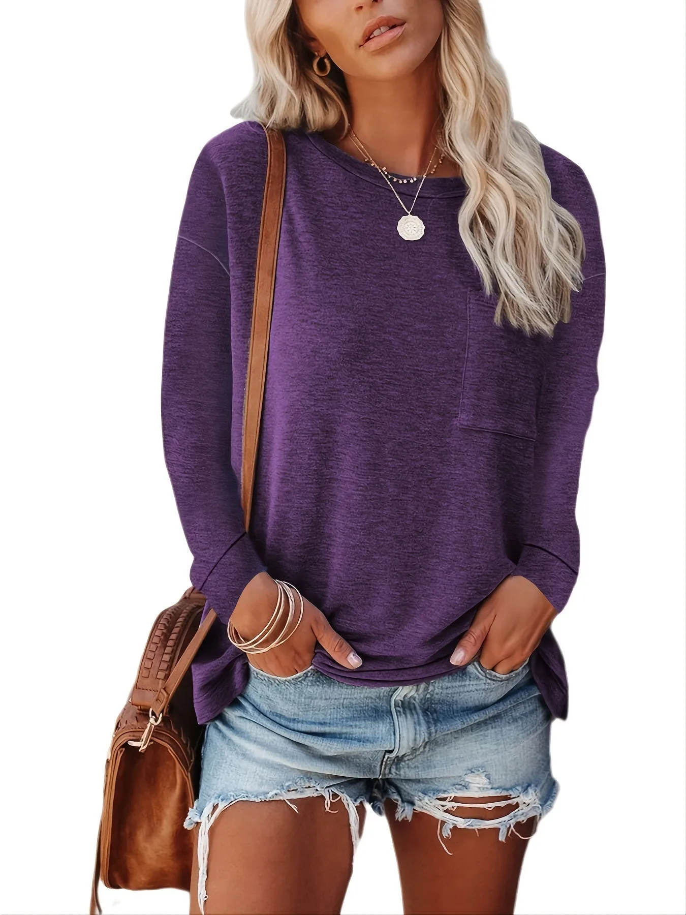 Basic Loose Solid Casual Long Sleeve Crew Neck Every Day Tops