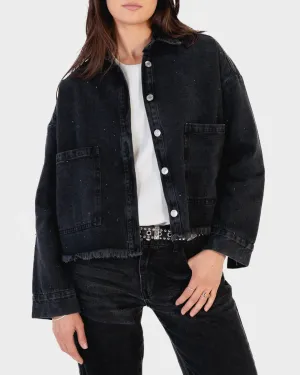 Bedazzled Raw-Hem Denim Jacket in Black