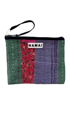 Biju Vintage Kantha Quilted Zipper Pouch in Colors Green, Red Floral Patchwork, Purple