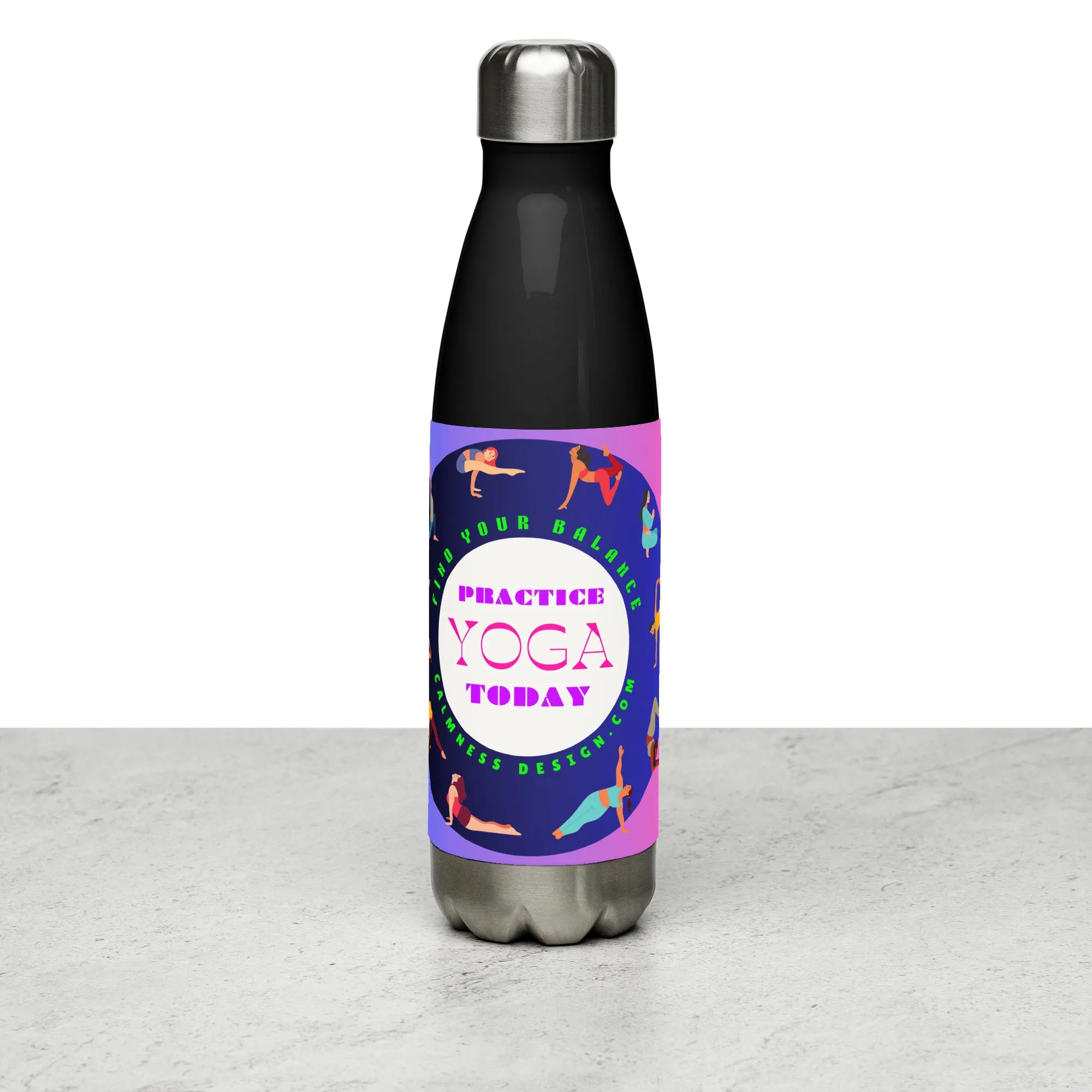 Colorful Illustrated Practice Yoga Today, FIND YOUR BALANCE, CALMNESSDESIGN.com, Creative Designer's,  Stainless steel water bottle