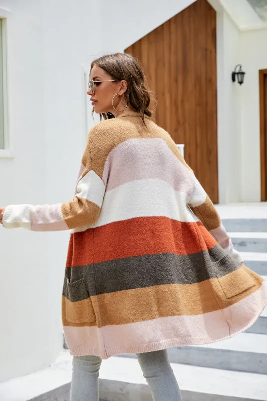 Contrast Color Striped Long Knitted Cardigan Sweater