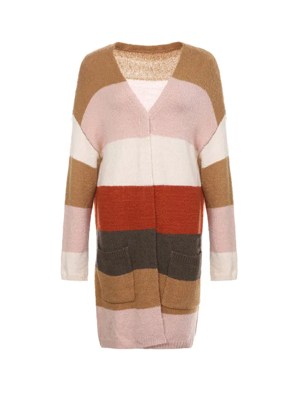 Contrast Color Striped Long Knitted Cardigan Sweater