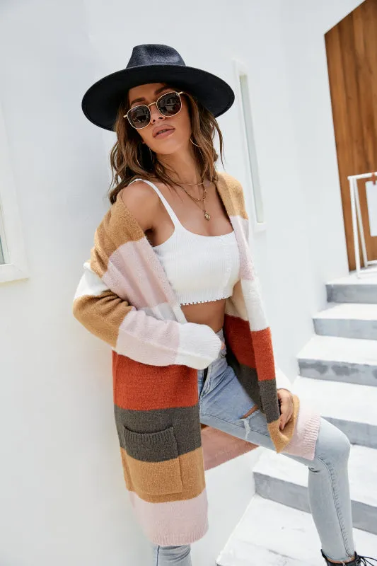 Contrast Color Striped Long Knitted Cardigan Sweater