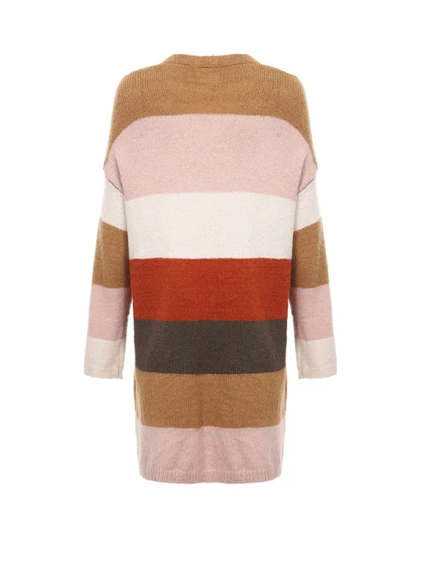 Contrast Color Striped Long Knitted Cardigan Sweater