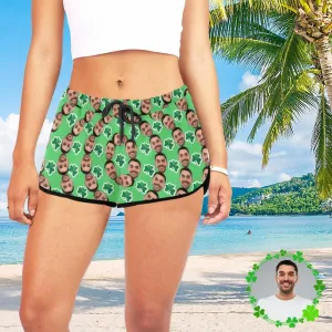 Custom Husband Face Elliptic Green Background Beach Board Shorts Swim Trunks Personalized Women's Casual Yoga Shorts