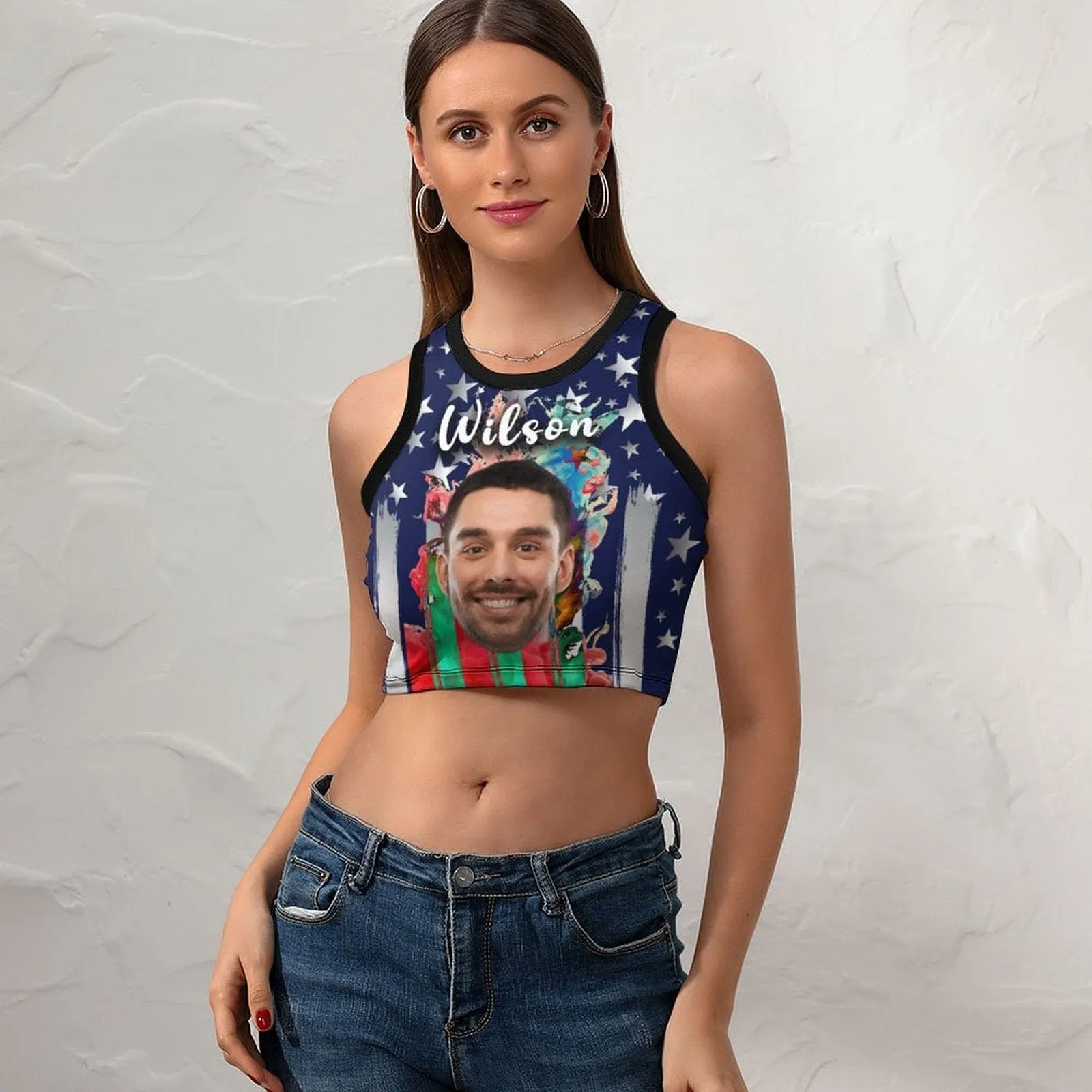 Custom Name&Face Colorful Flag Tops Women's High Neck Crop Top Swimsuits Bustier for Independence Day