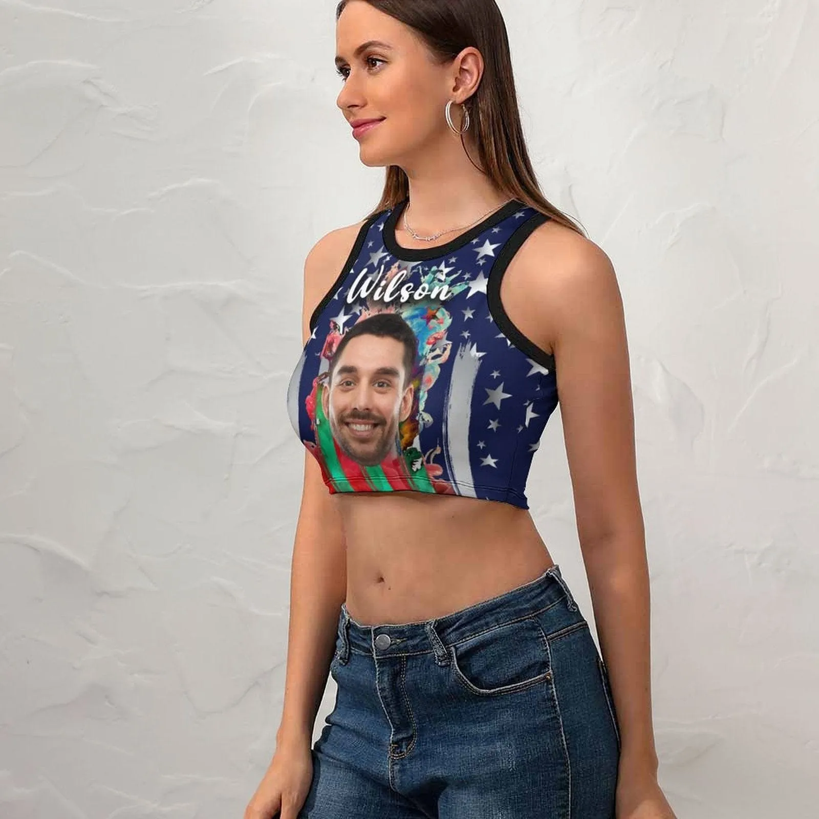 Custom Name&Face Colorful Flag Tops Women's High Neck Crop Top Swimsuits Bustier for Independence Day