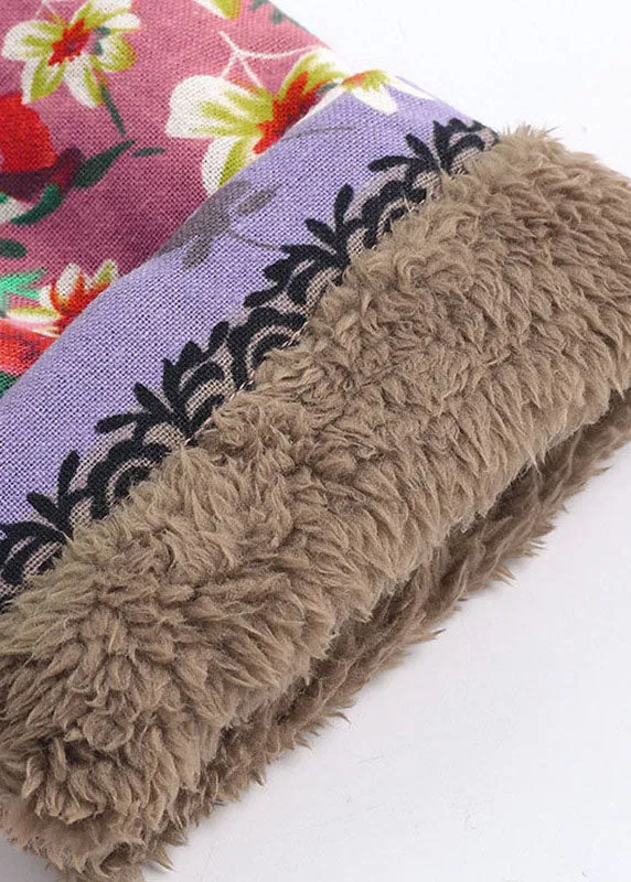 French Pink Hooded Print Pockets Patchwork Warm Fleece Coats Fall