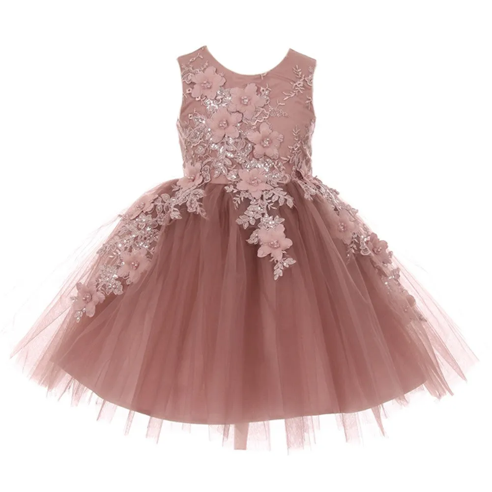Girls Mauve 3D Floral Appliques Soft Tulle Easter Flower Girl Dress 2-12