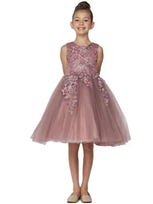 Girls Mauve 3D Floral Appliques Soft Tulle Easter Flower Girl Dress 2-12