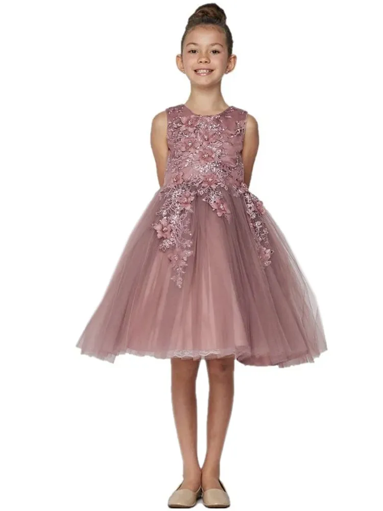 Girls Mauve 3D Floral Appliques Soft Tulle Easter Flower Girl Dress 2-12