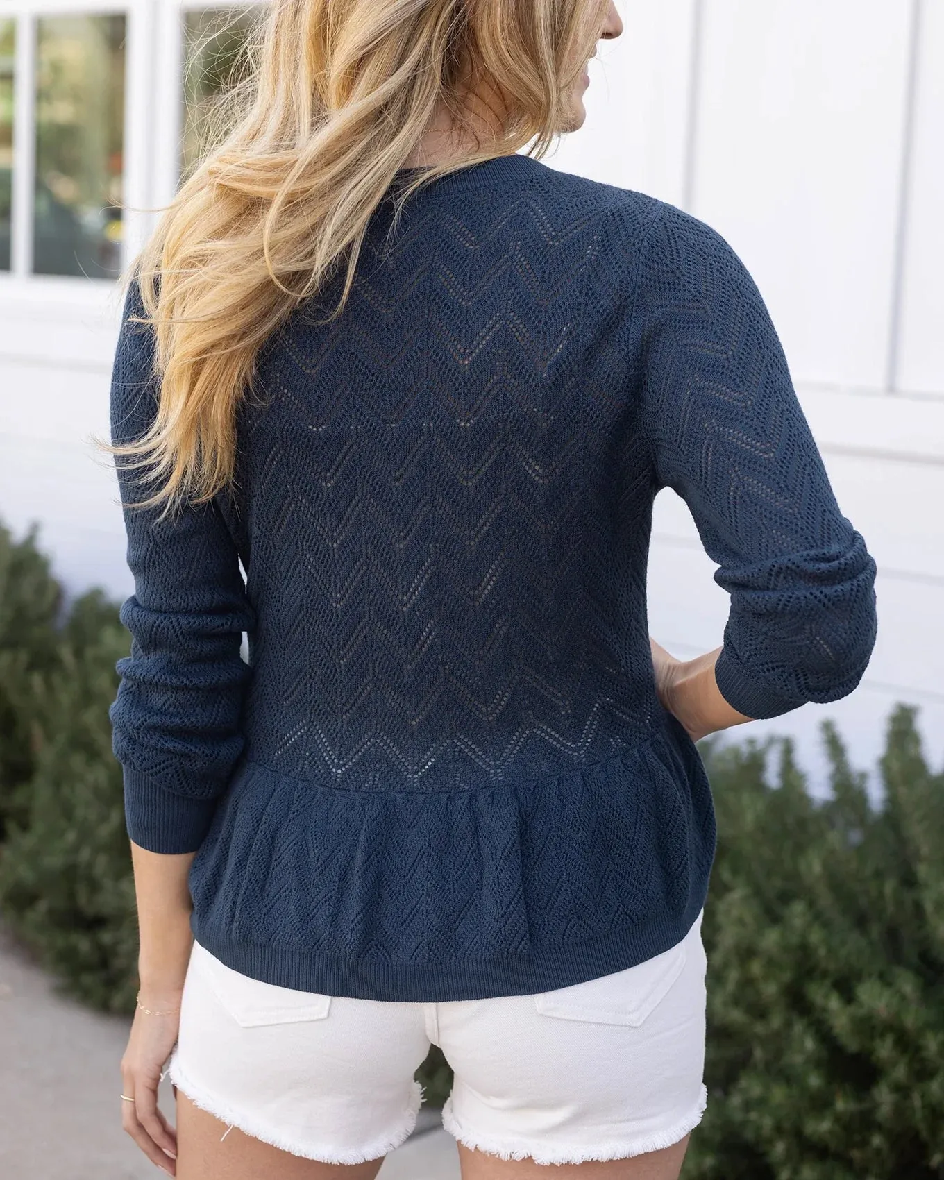 Grace and Lace | Pointelle Peplum Cardigan | Deep Sea