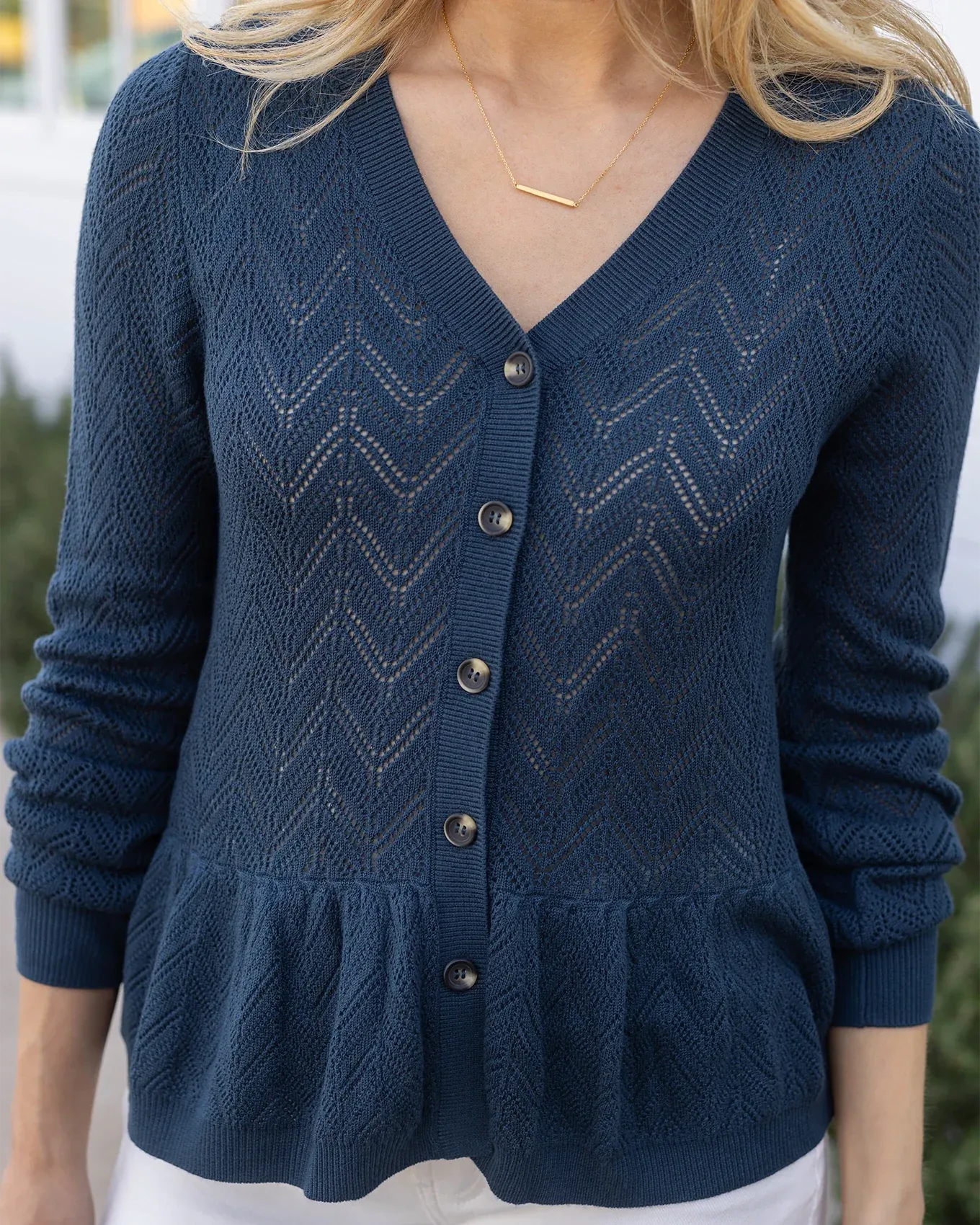 Grace and Lace | Pointelle Peplum Cardigan | Deep Sea