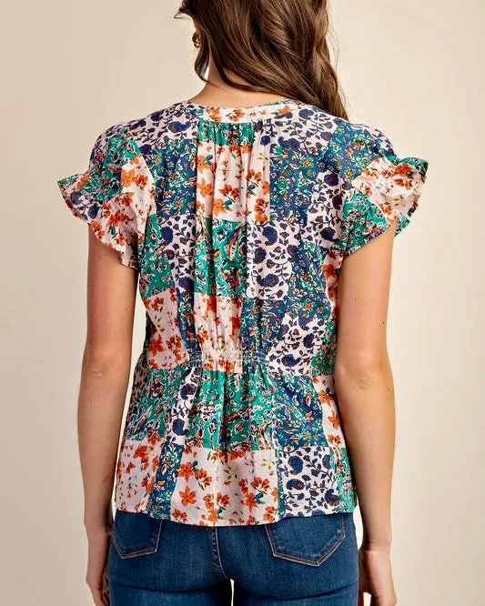 Green, Blue  & Pink Mix Color Smocked Flutter Short Sleeve VNeck Cotton Top