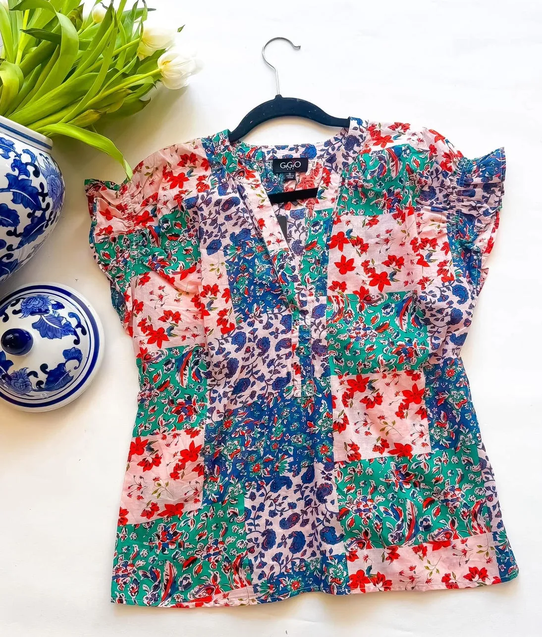 Green, Blue  & Pink Mix Color Smocked Flutter Short Sleeve VNeck Cotton Top