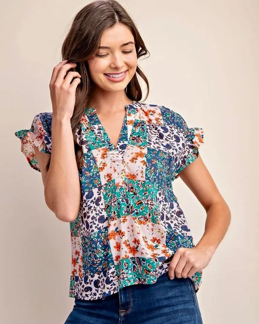 Green, Blue  & Pink Mix Color Smocked Flutter Short Sleeve VNeck Cotton Top