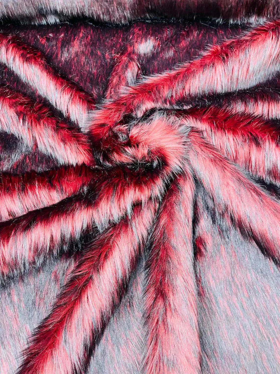 Husky Long Pile Fur Fabric - Burgundy / Black - Faux Husky Fur Fabric 2 Tone Shaggy Fur By Yard