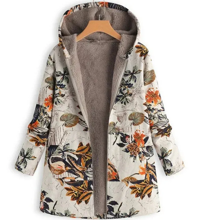 Kelly Warm Printing Pocket Thickened Zipper Hooded Coat