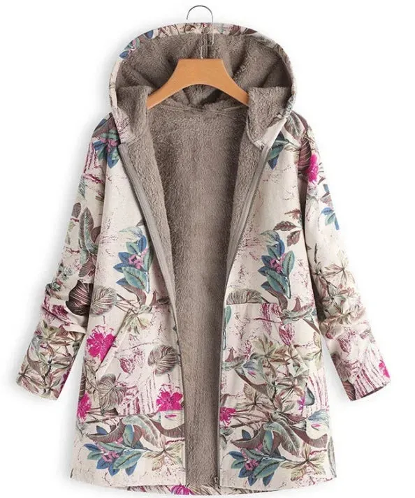 Kelly Warm Printing Pocket Thickened Zipper Hooded Coat