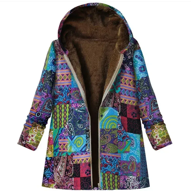 Kelly Warm Printing Pocket Thickened Zipper Hooded Coat