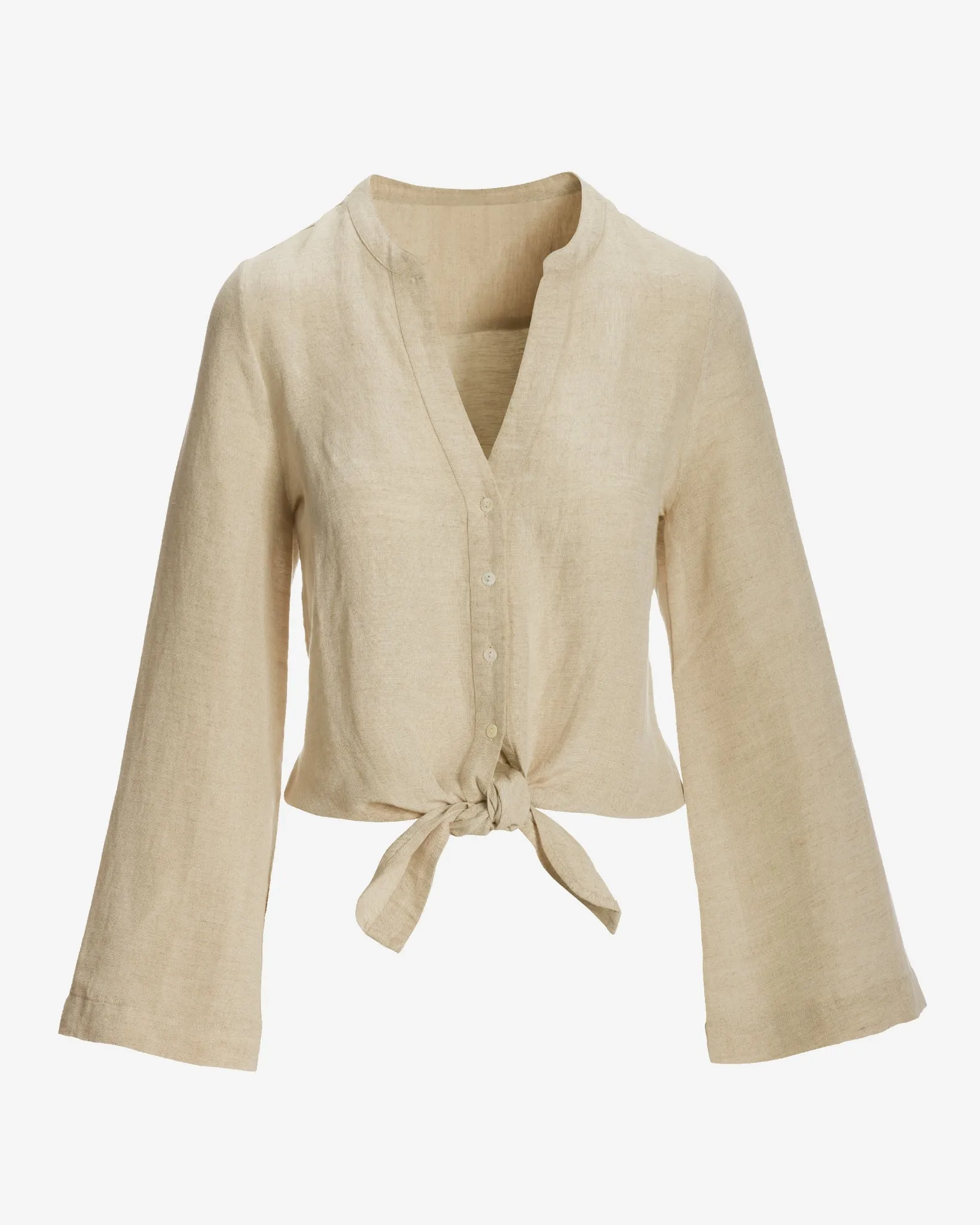 Linen Flare Sleeve Tie Front Shirt Flax