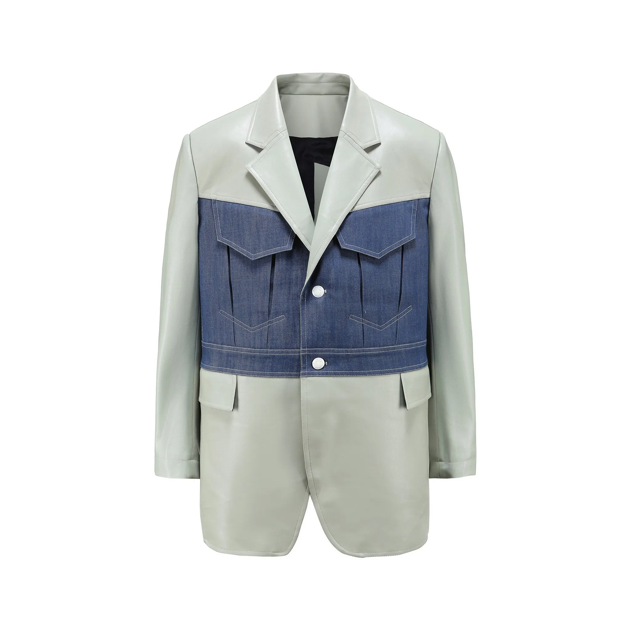 Mint Denim-PU Single Breast Blazer