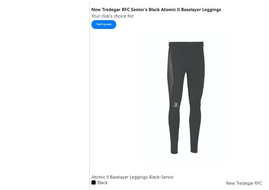New Tredegar RFC Senior's Black Atomic II Baselayer Leggings