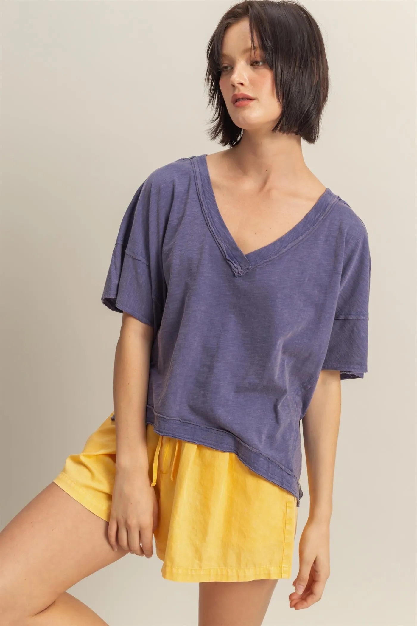 Raw Edge V-Neck Oversized Tee