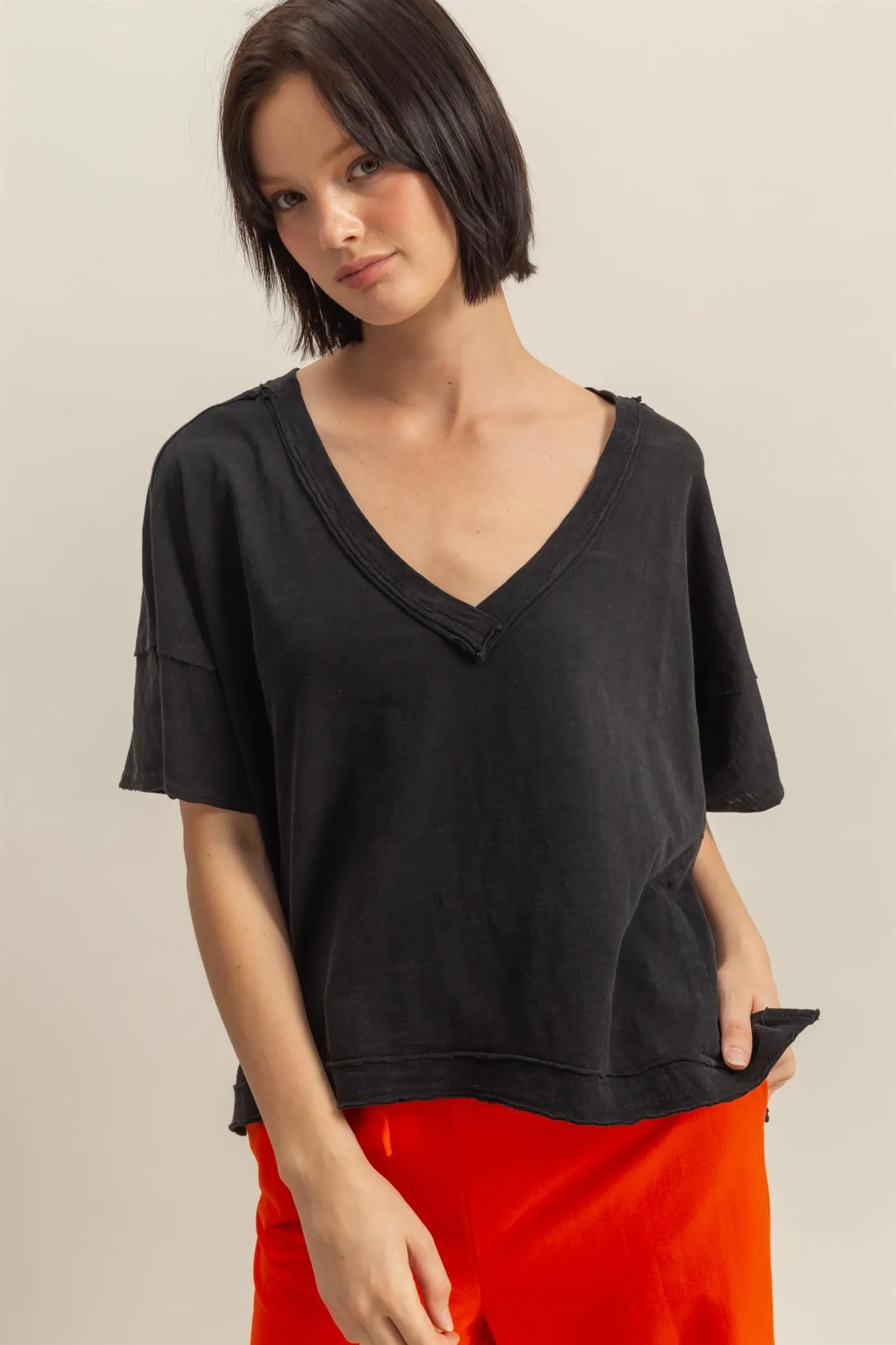 Raw Edge V-Neck Oversized Tee