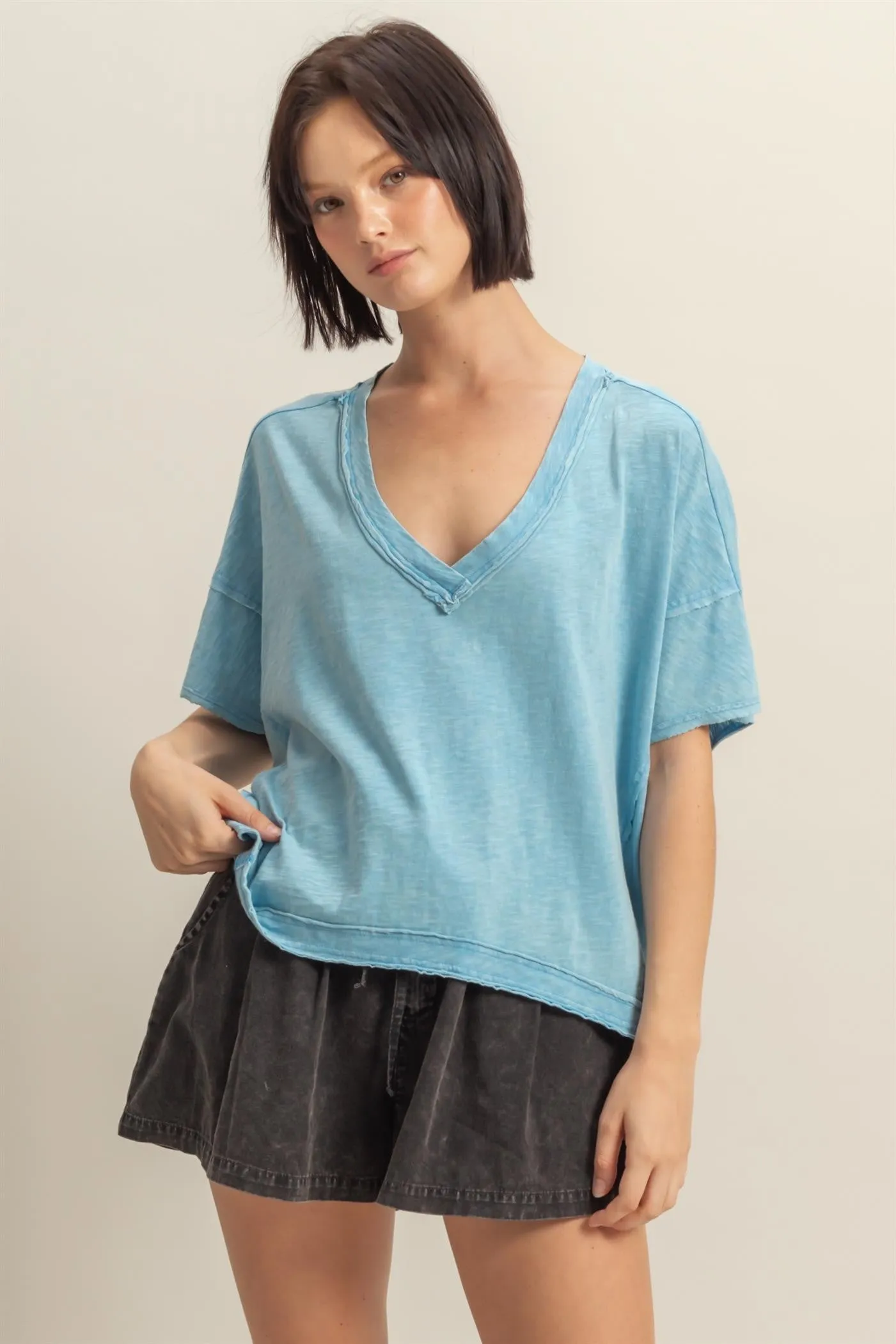 Raw Edge V-Neck Oversized Tee