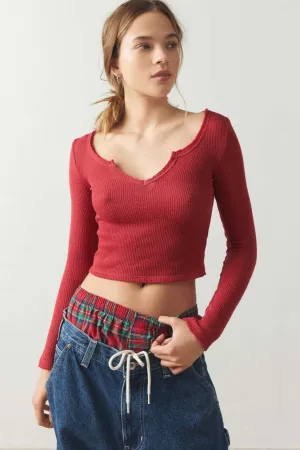 Red Ribbed V-Neck Long Sleeve Knitted Sweater