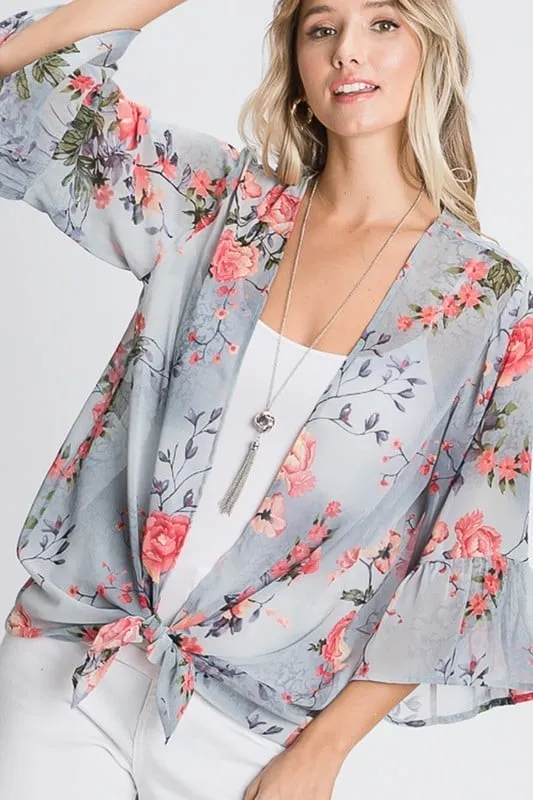 Ruffle-Sleeved Floral Cardigan in Light Grey