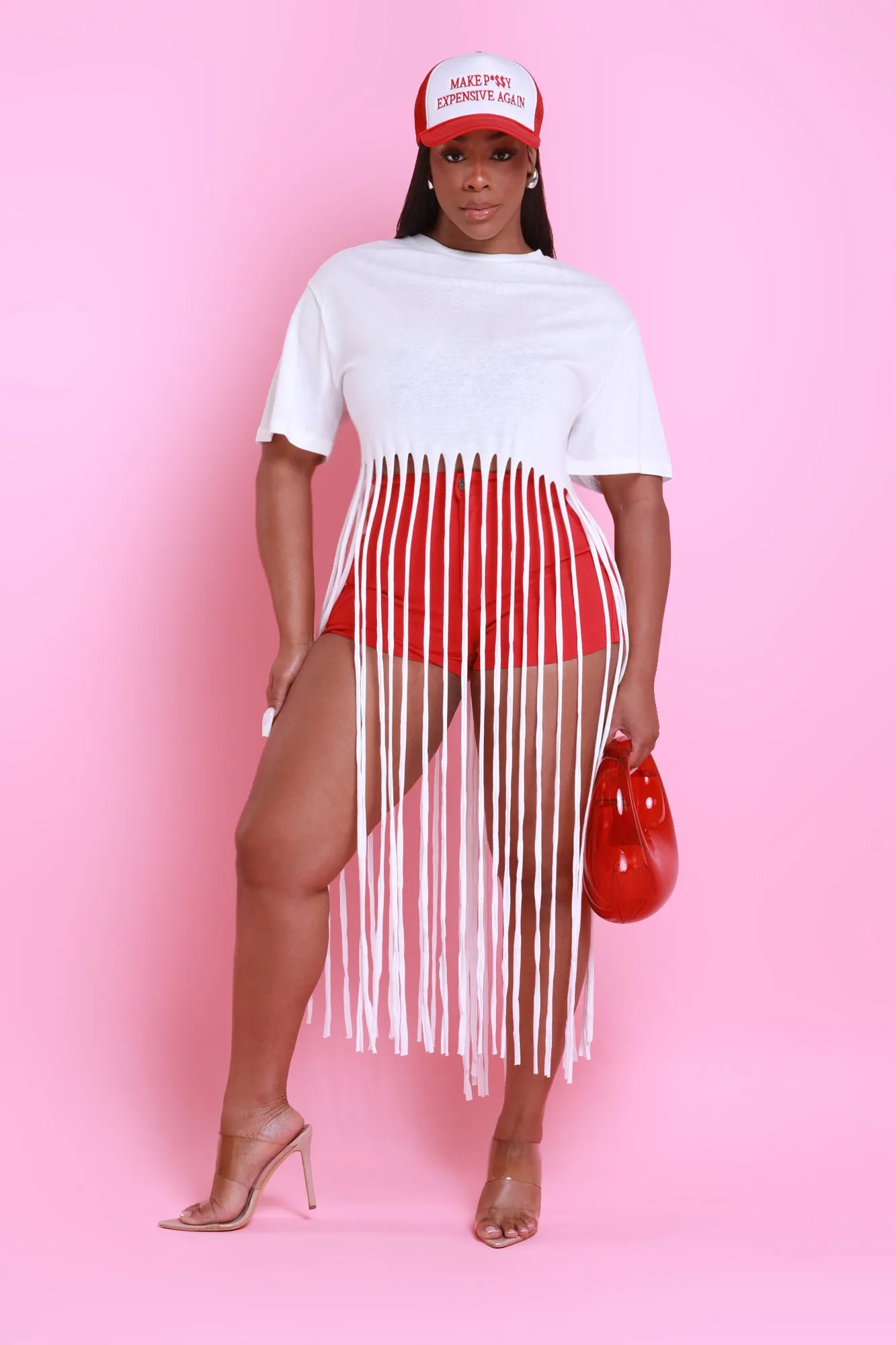 Strings Attached Short Sleeve Longline Fringe Top - Ivory