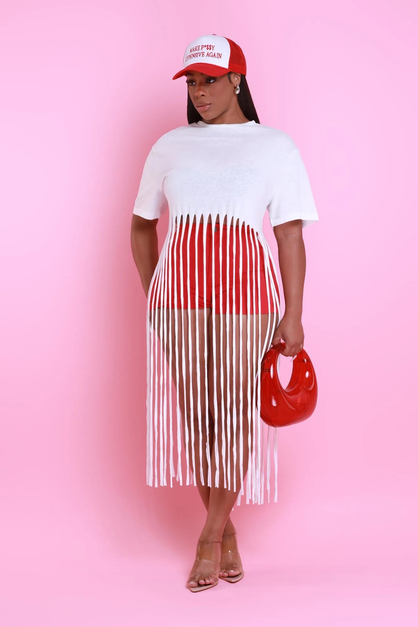 Strings Attached Short Sleeve Longline Fringe Top - Ivory