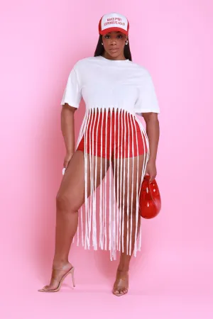 Strings Attached Short Sleeve Longline Fringe Top - Ivory