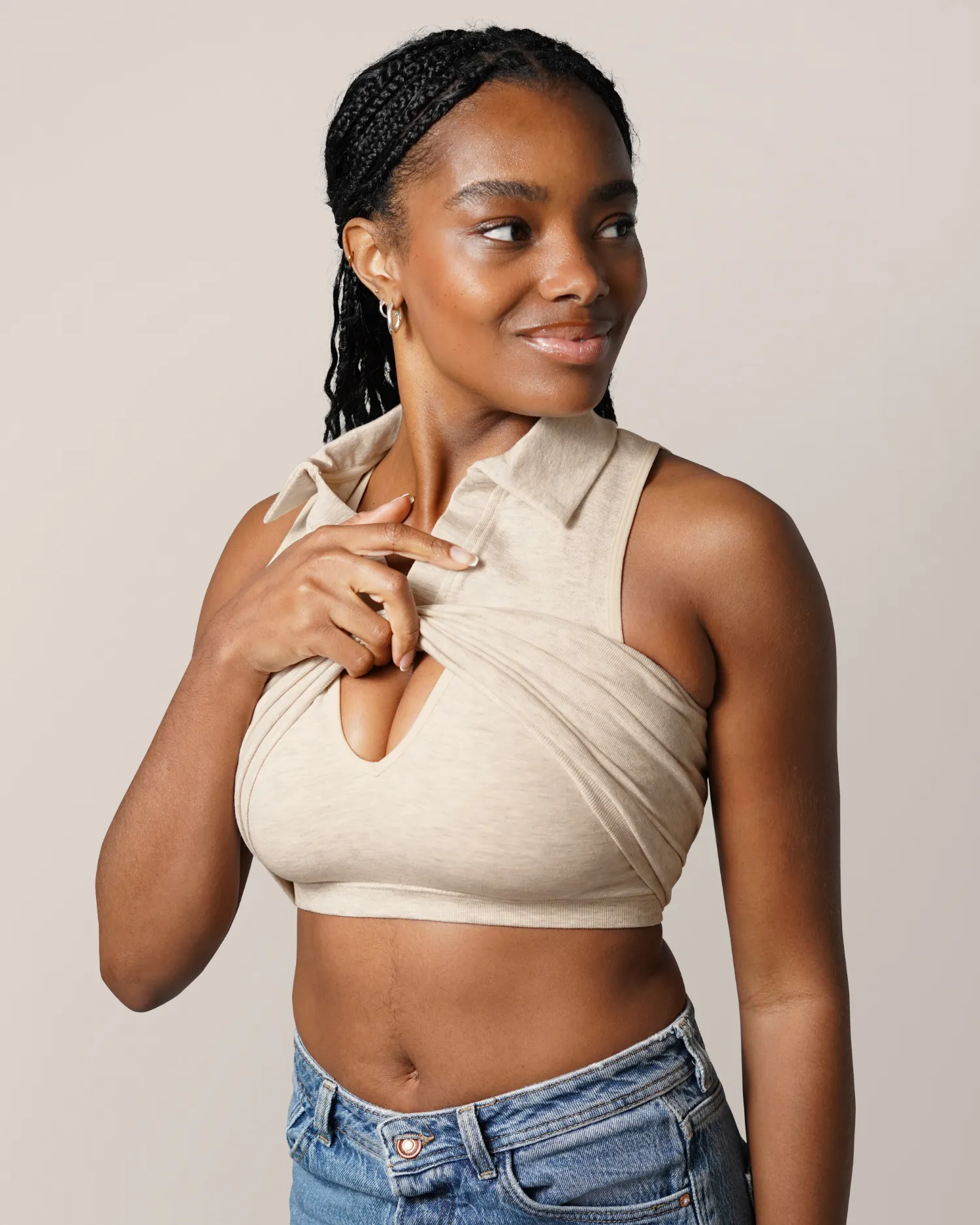 Sublime® Bamboo Collared Maternity & Nursing Longline Bra Top | Oatmeal Heather