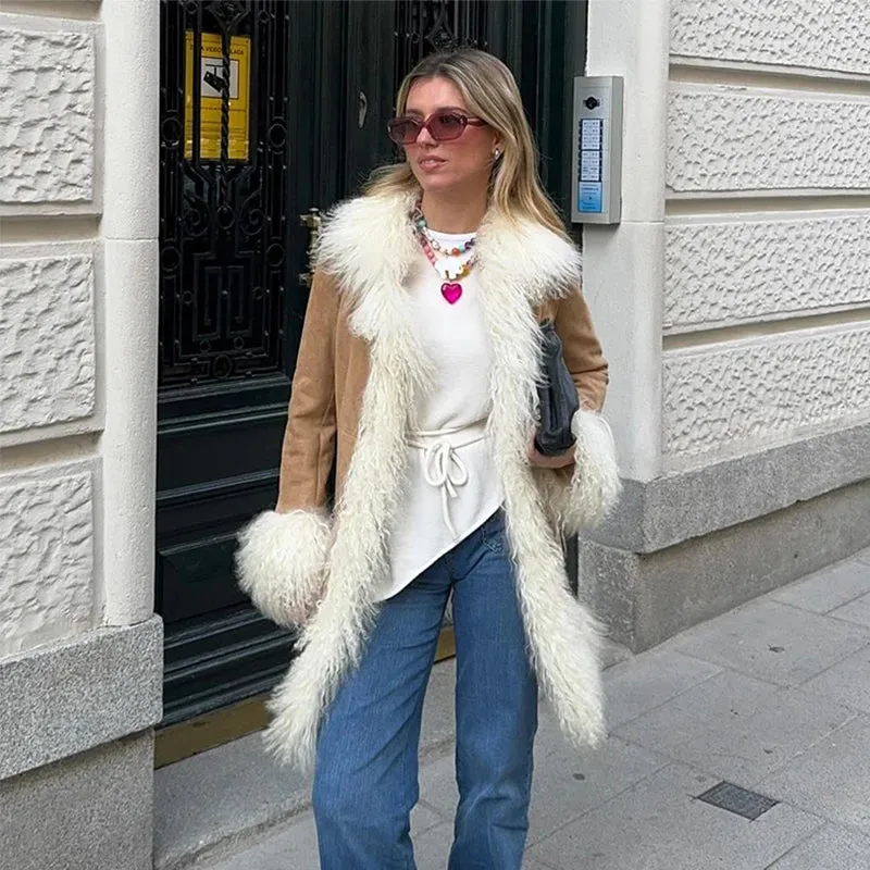 TAVIMART  -  Vintage Furry Faux Fur Women Patchwork Coats Winter Long Sleeve Lapel Female Loose Jacket Casual Pockets Thick Warm Lady Outwear