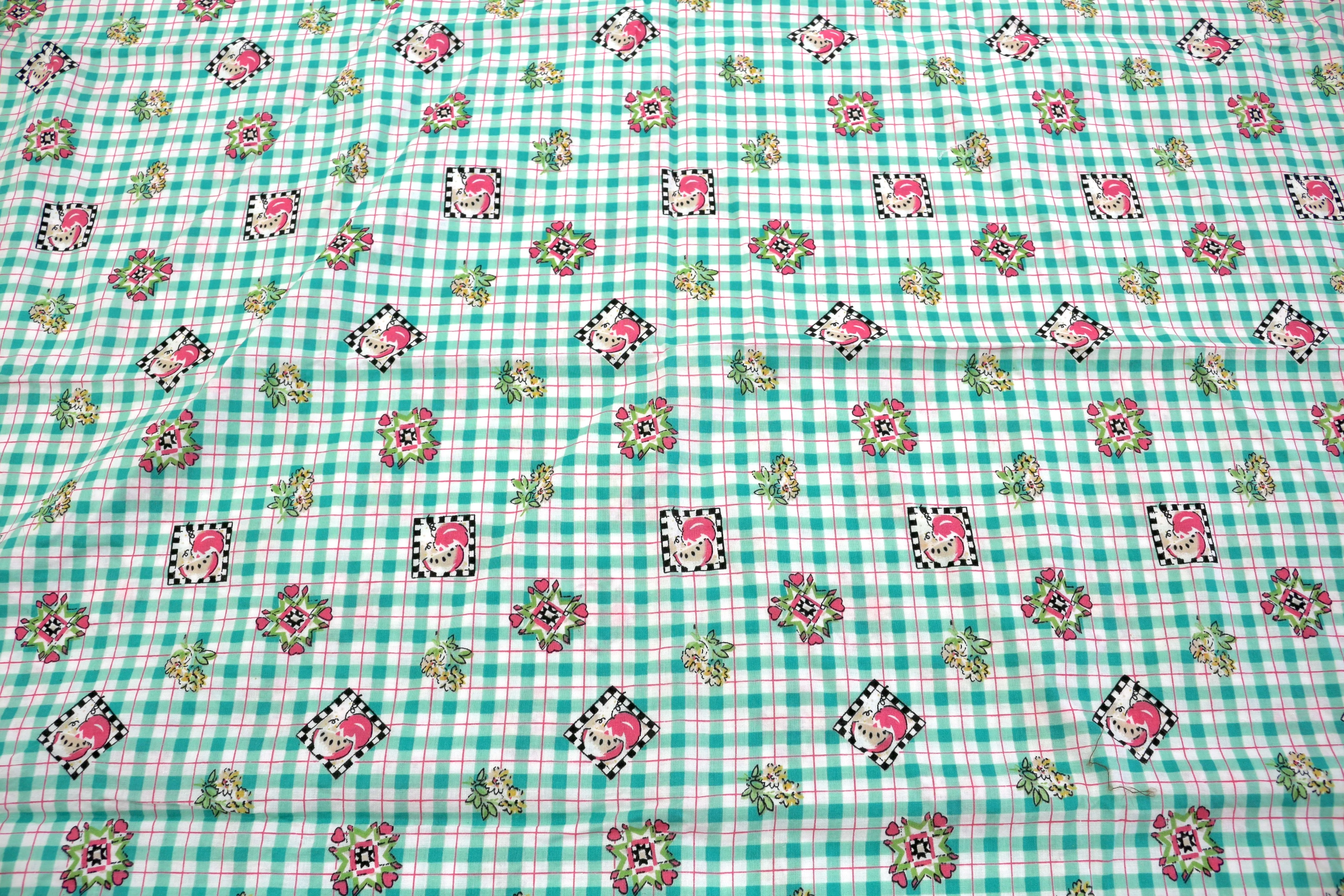 Teal Check Cotton Fabric with Tiny Motif – Summer Vibes – 44"x 1.75 yds
