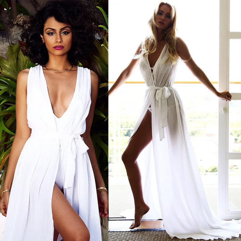 V-neck Sleeveless Irregular Spaghetti Strap Long Split Dress