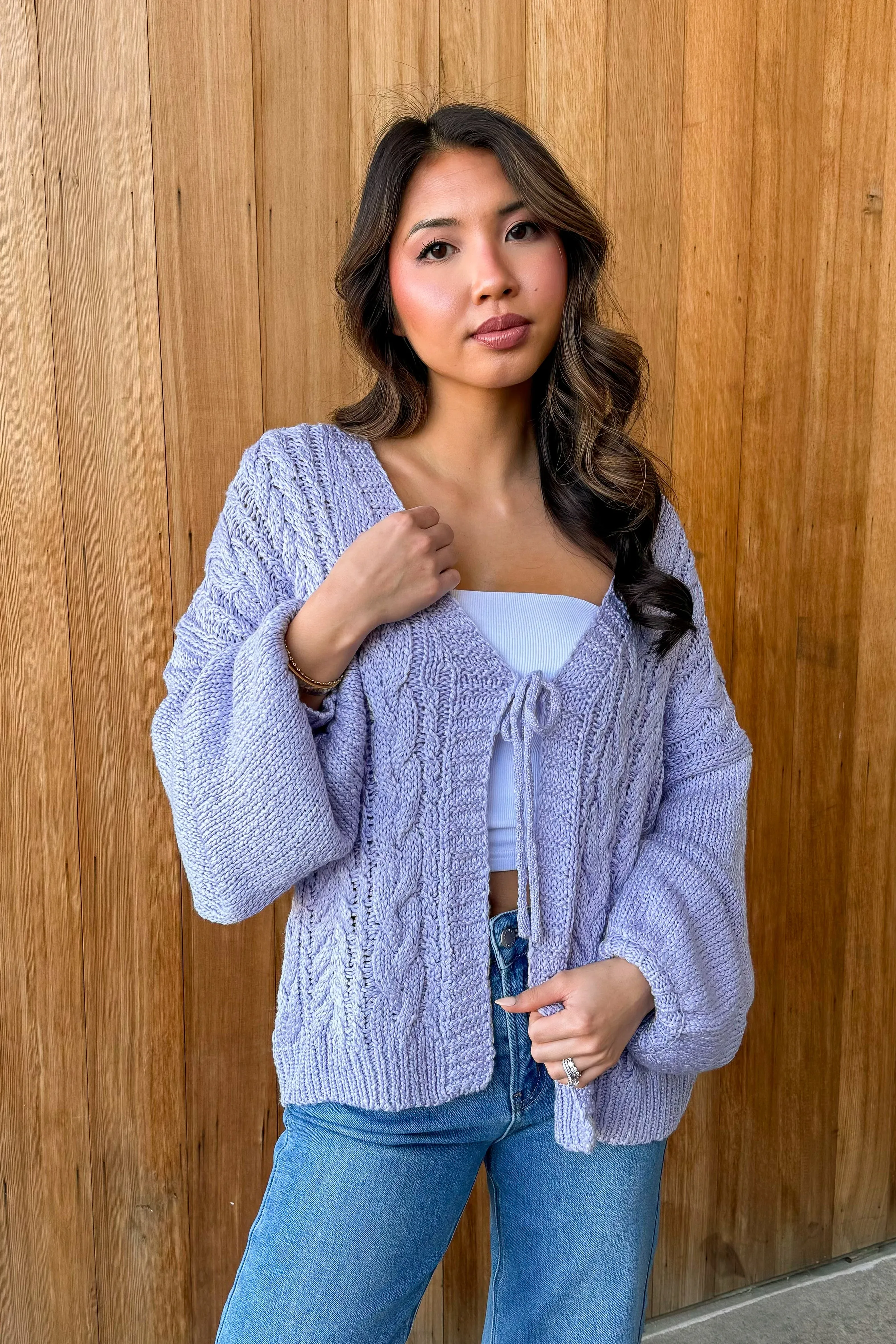 Winter Cutie Lavender Tie Front Sweater